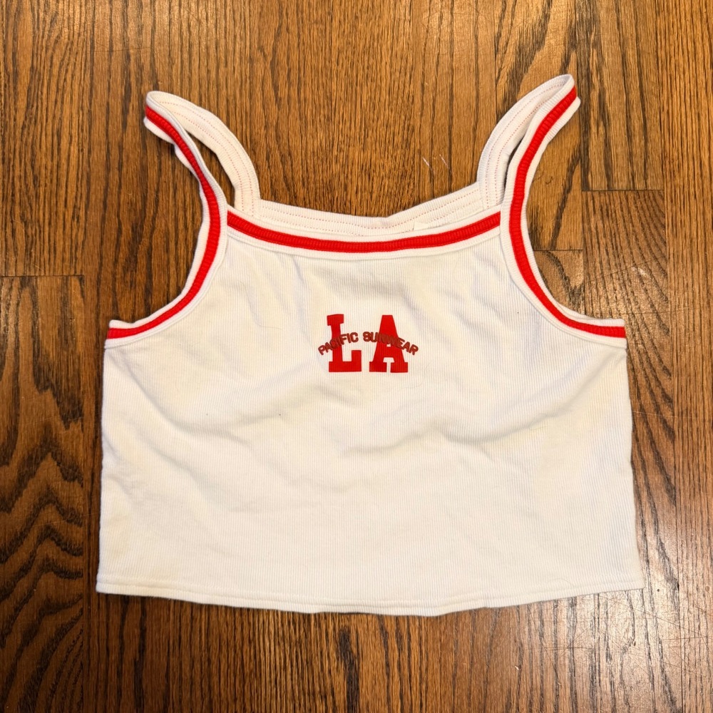 PacSun LA Pacific Sunwear Ribbed Crop Tank‎ Top Ringer Trim Small White Red